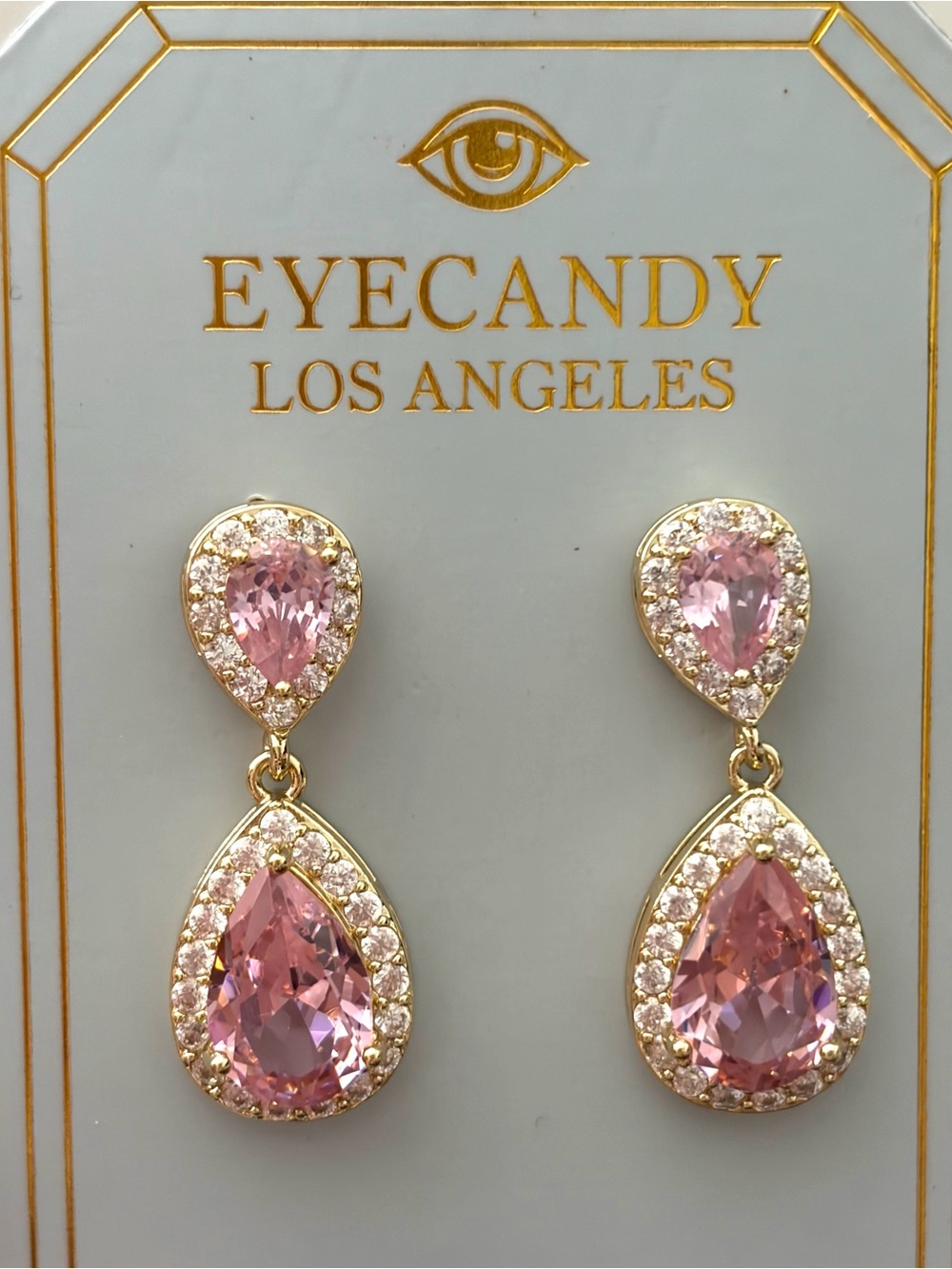 Eyecandy Los Angeles Pink Teardrop Crystal Halo Drop Earrings NWT